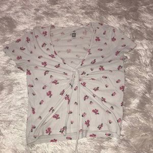 white crop top with pink flowers